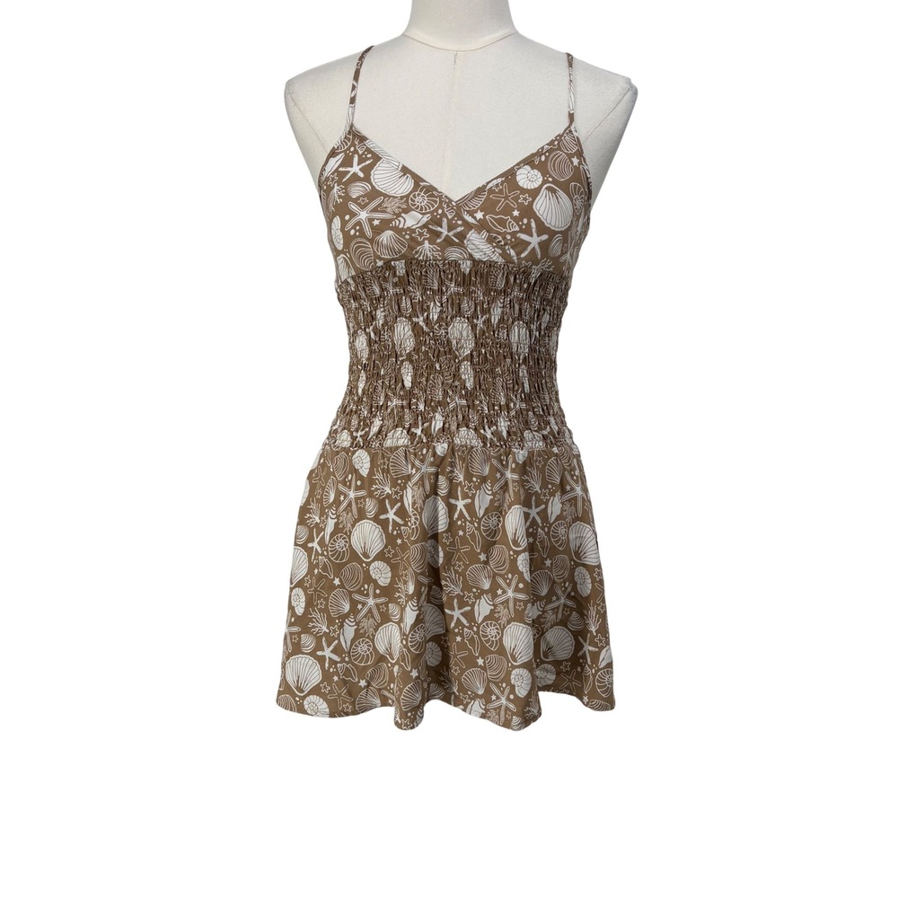 Y2K Arden B Babydoll Tan Seashell Starfish Smocked Mini Dress S